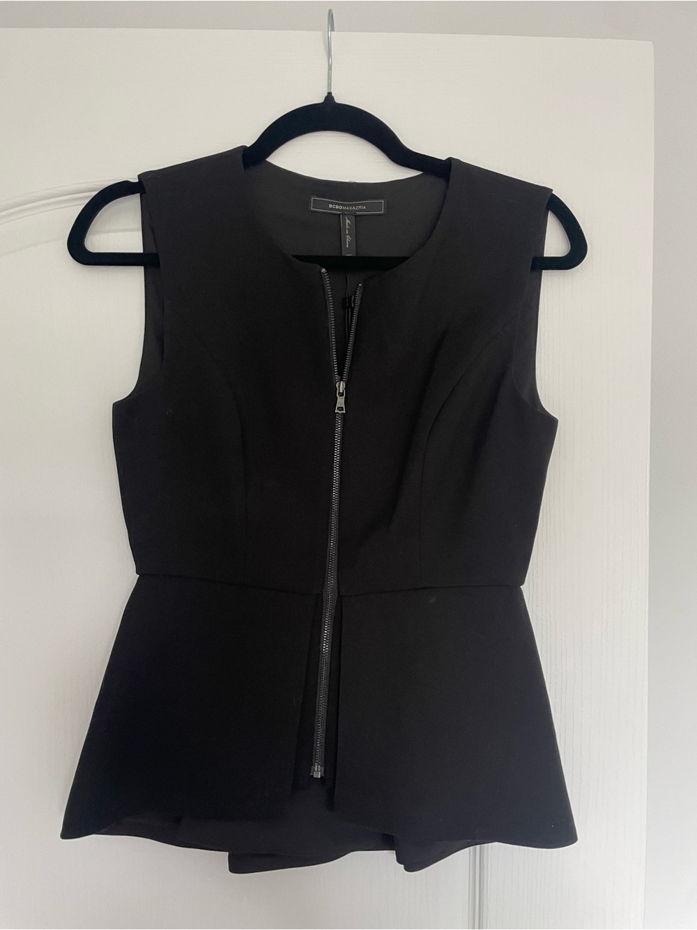 BCBGMaxAzria Black Asymmetrical Zip-Front Peplum Top WORK XS